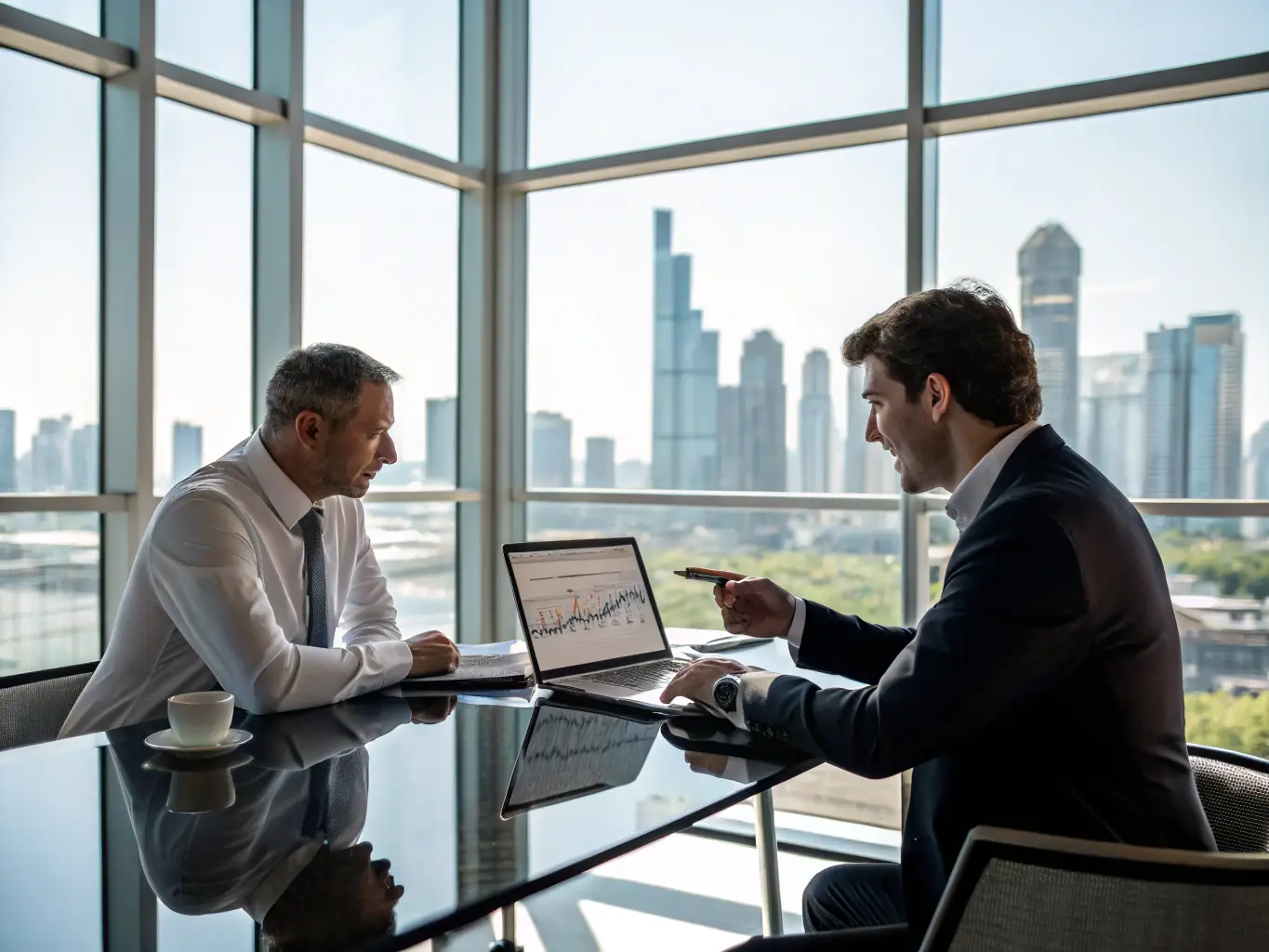 An image of a financial advisor discussing a plan with a client in a modern office setting, with charts and documents on the table, symbolizing financial security planning.