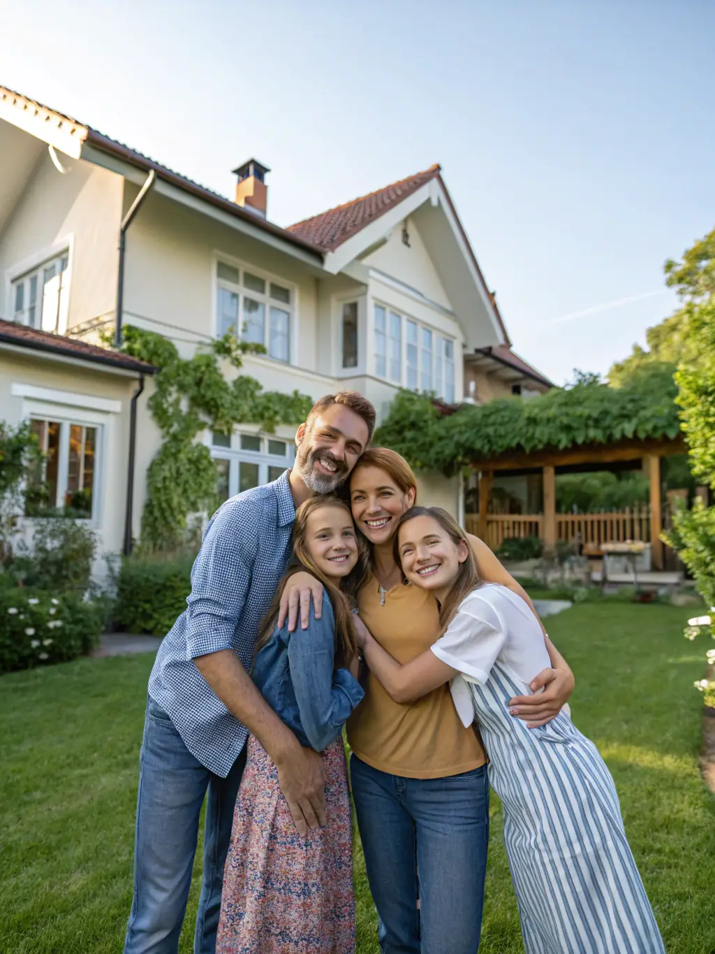 A professional family standing in front of their modern home, smiling confidently, representing the security provided by life insurance.