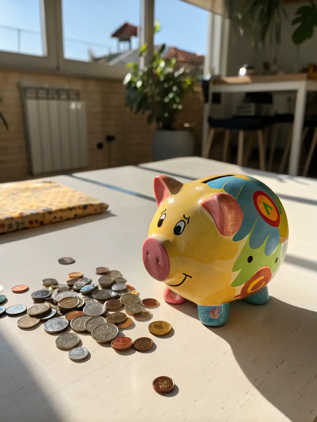 A high-angle shot of a piggy bank wearing a Canadian Mountie hat, sitting on a stack of Canadian dollar bills, symbolizing savings in a Canadian context.
