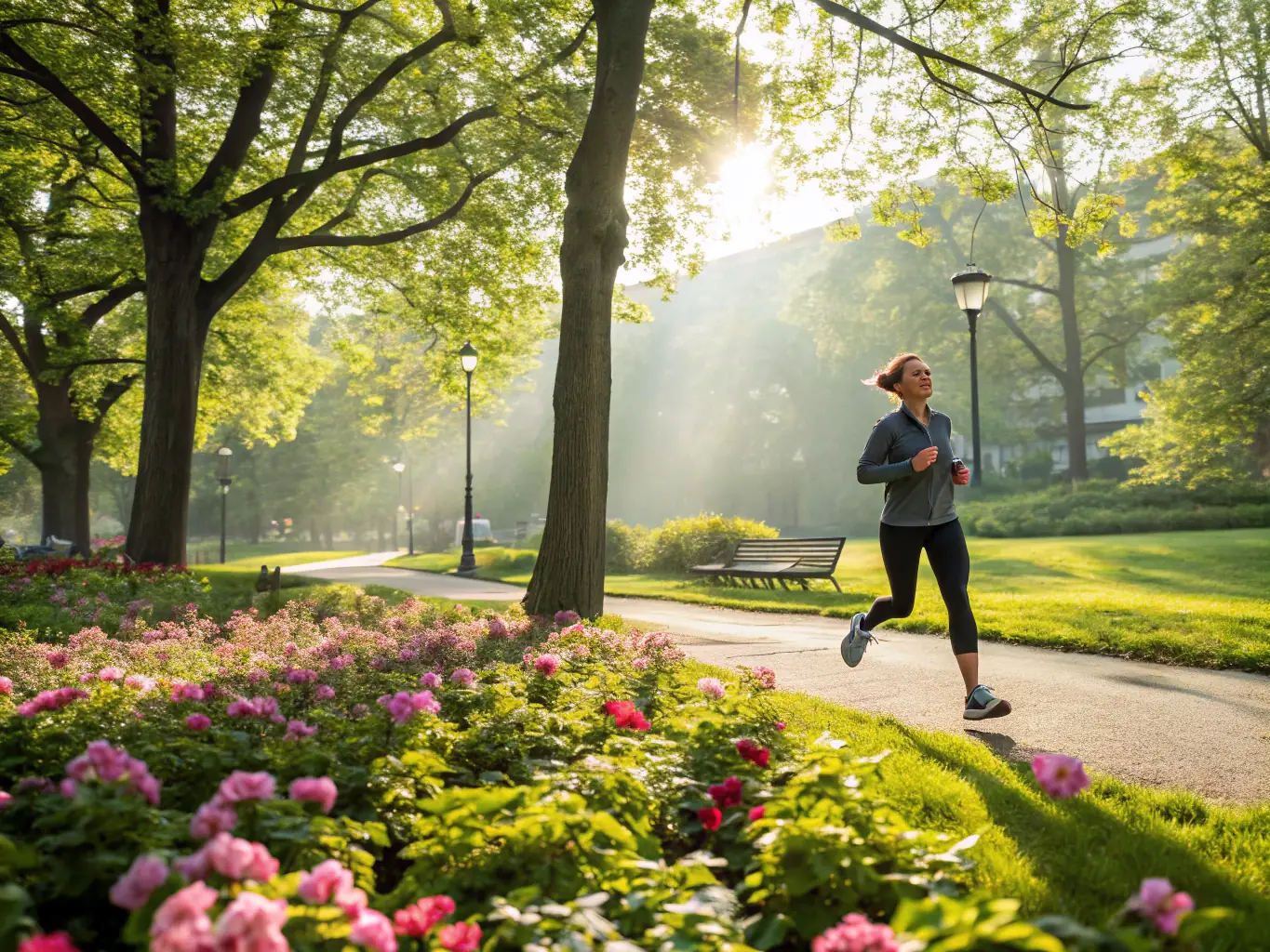 A person is exercising outdoors, looking healthy and vibrant. The image represents the importance of health and well-being, highlighting the benefits of health insurance.