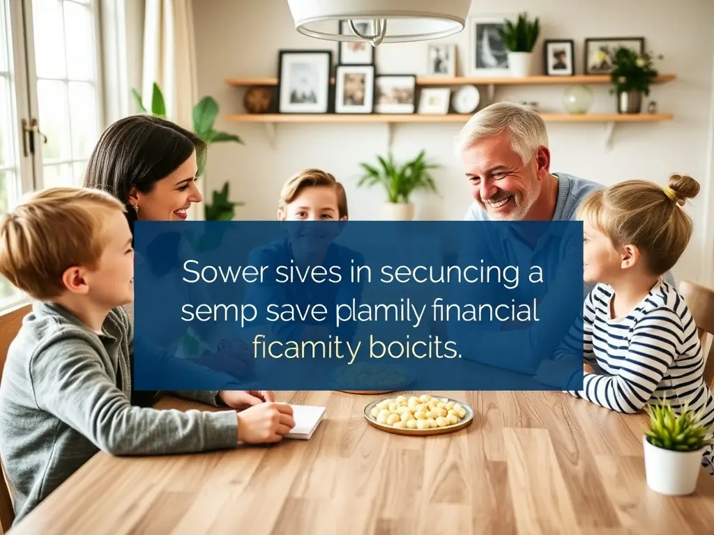 A family is gathered around a table, smiling and looking at a financial plan document. The scene conveys a sense of security and planning for the future, emphasizing the benefits of life insurance.