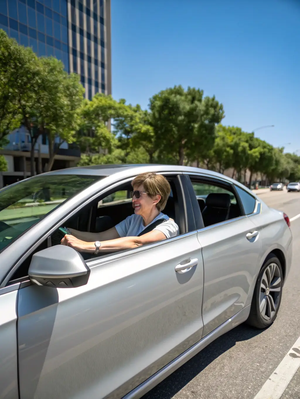 A person confidently driving a car, representing the need for auto insurance.